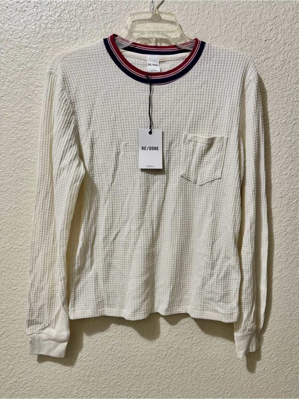 Re/Done Cream Waffle Long-Sleeve Crew Tee with Red & Navy Trim L